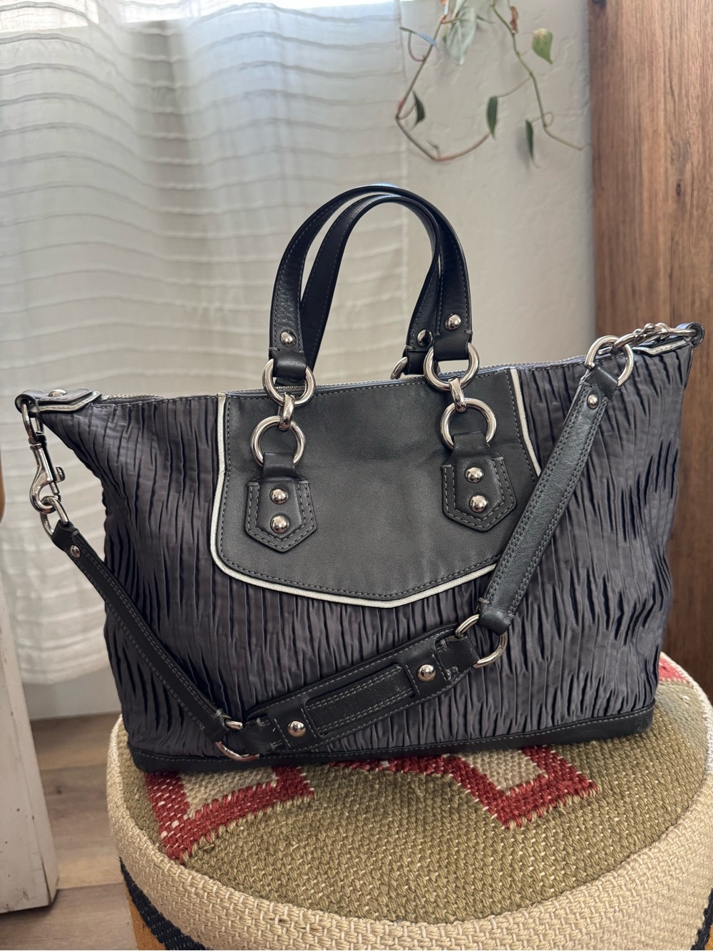 Coach Grey Quilted Nylon Satchel with Leather Trim - Picture 2 of 6